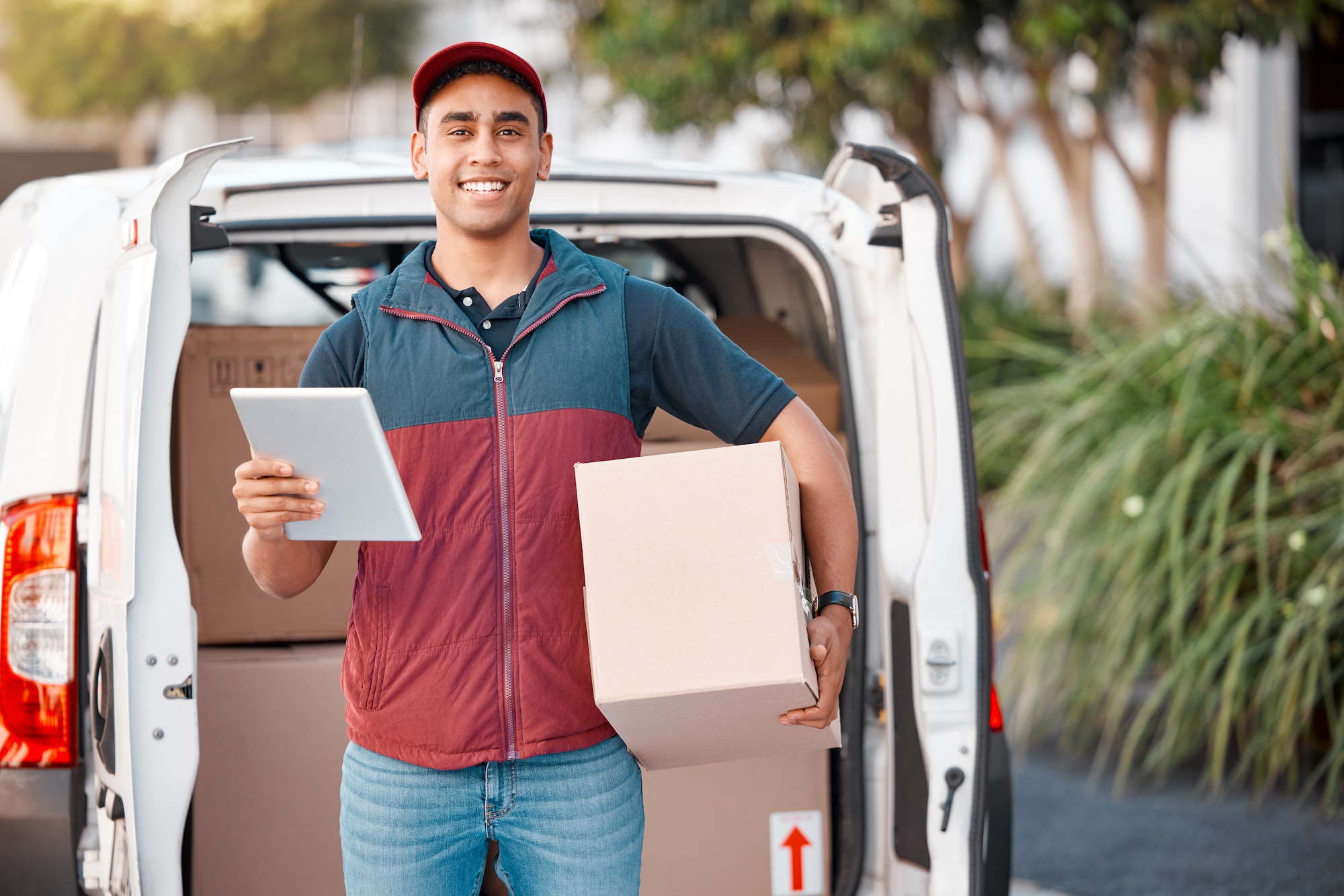 Portrait, van and delivery man with tablet and box, package or goods parcel. Ecommerce, logistics a